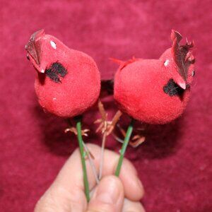 Vintage Cardinals Flocked Red Feathers Plastic Leg, Floral stick - Set of 2